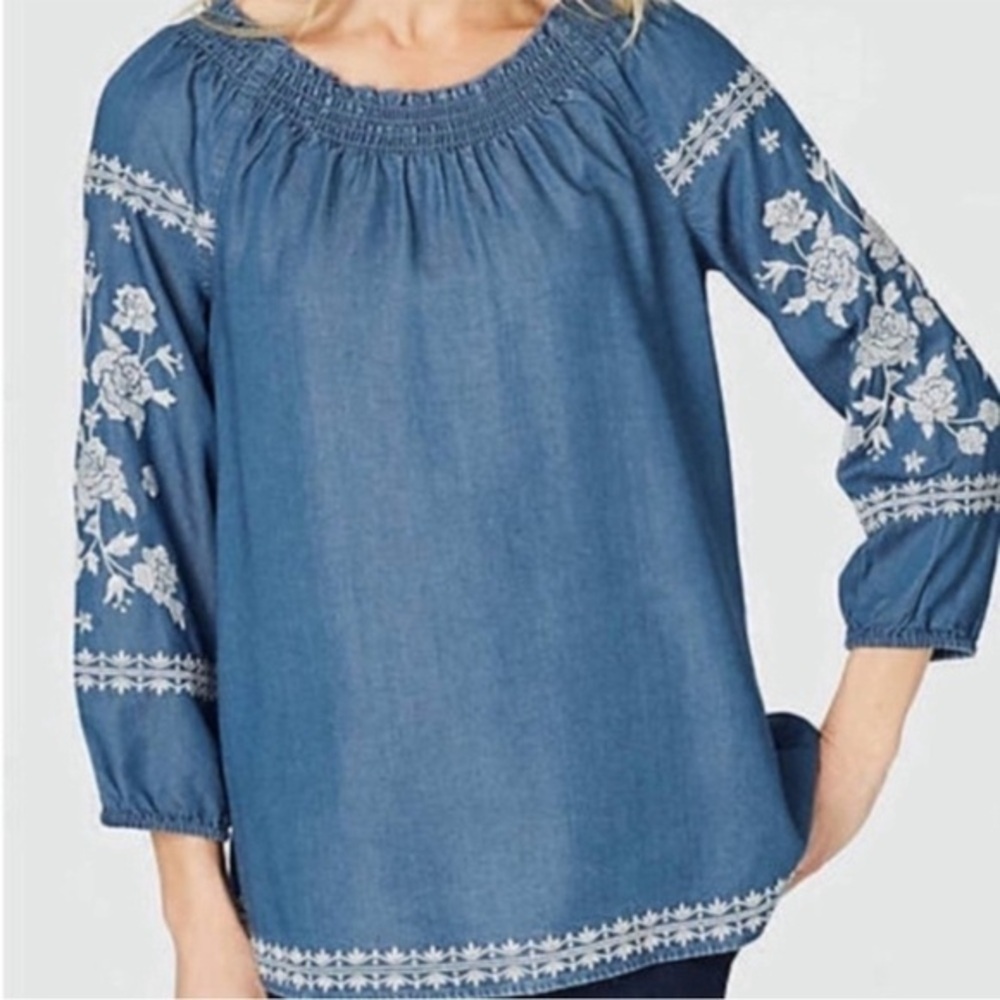 J. Jill chambray embroidered relaxed fit top smocked neckline L